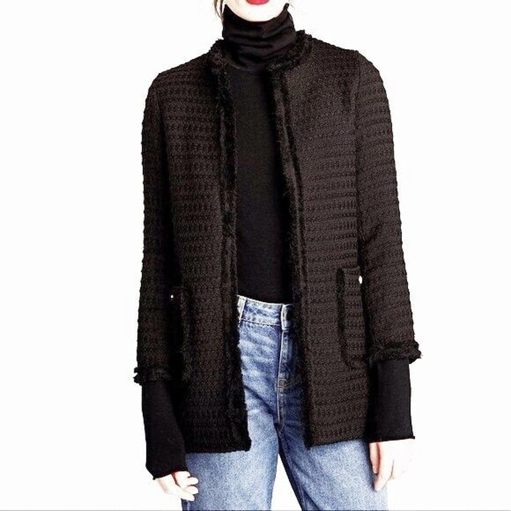 Zara Black Tweed Jacket Coat Women's Sz S Pockets Fringe Mid Length Lined